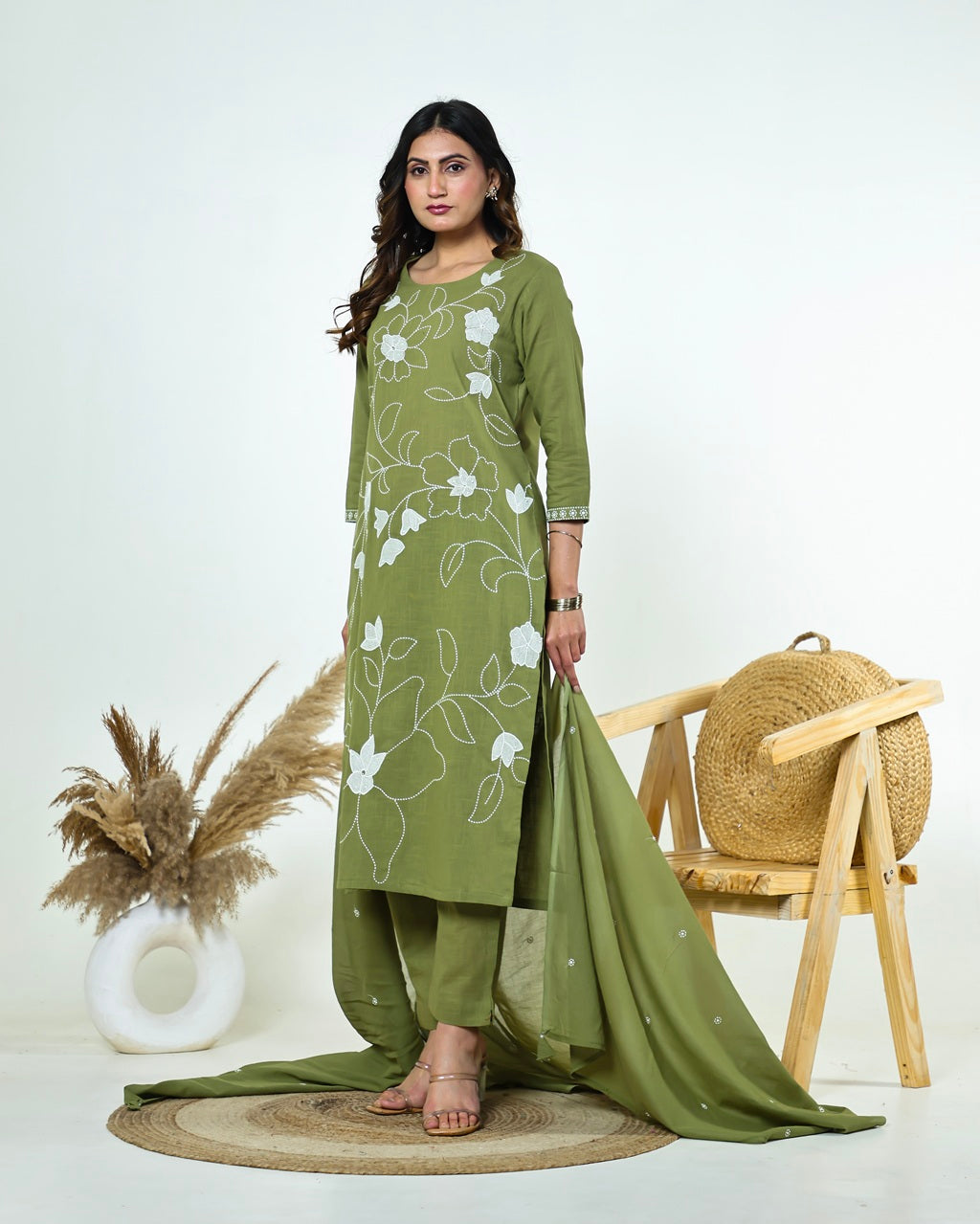 Ritika- Celadon Green Slub Cotton Suit Set with White Resham Floral Jaal Embroidery & Tasselled Dupatta