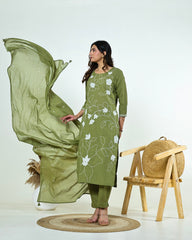 Ritika- Celadon Green Slub Cotton Suit Set with White Resham Floral Jaal Embroidery & Tasselled Dupatta