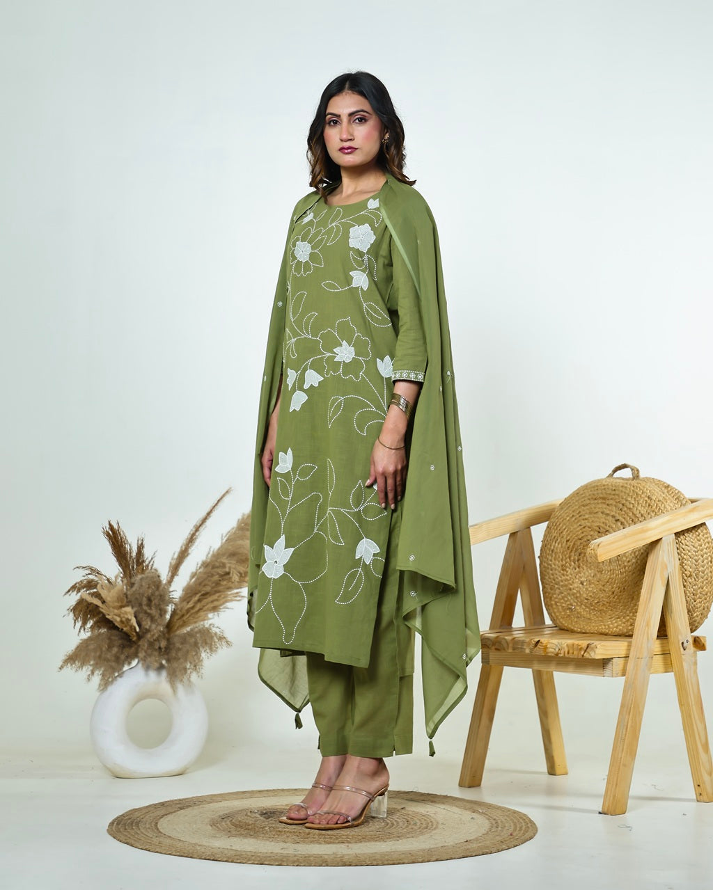 Ritika- Celadon Green Slub Cotton Suit Set with White Resham Floral Jaal Embroidery & Tasselled Dupatta
