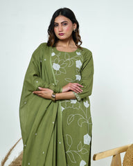 Ritika- Celadon Green Slub Cotton Suit Set with White Resham Floral Jaal Embroidery & Tasselled Dupatta