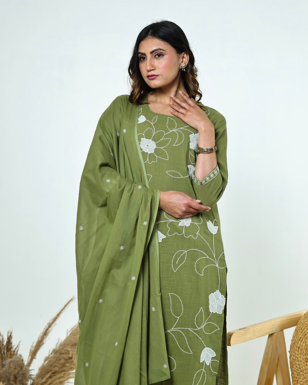 Ritika- Celadon Green Slub Cotton Suit Set with White Resham Floral Jaal Embroidery & Tasselled Dupatta