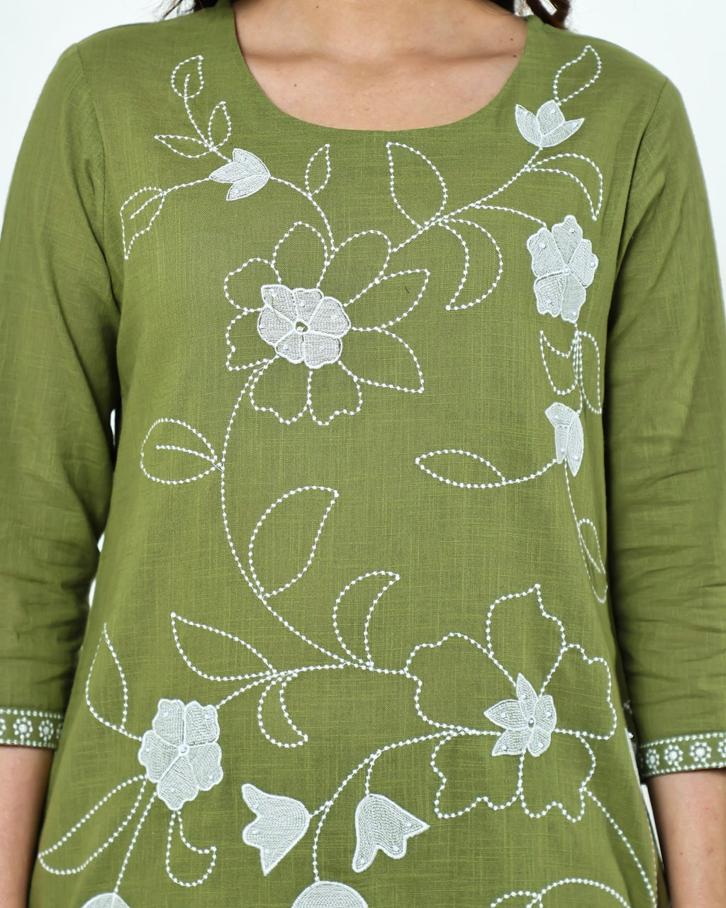 Ritika- Celadon Green Slub Cotton Suit Set with White Resham Floral Jaal Embroidery & Tasselled Dupatta