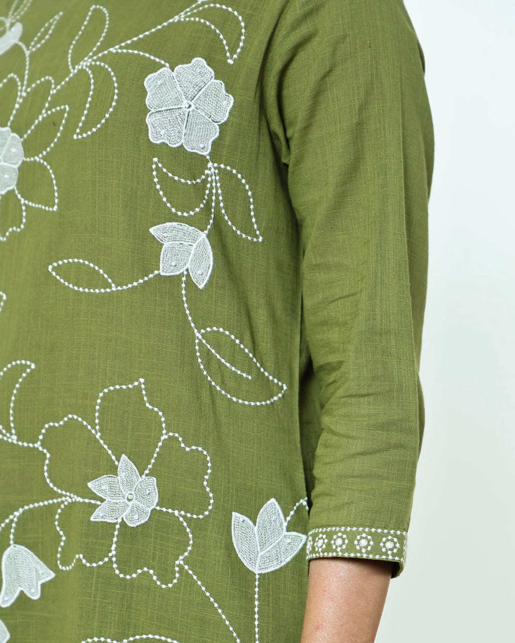 Ritika- Celadon Green Slub Cotton Suit Set with White Resham Floral Jaal Embroidery & Tasselled Dupatta