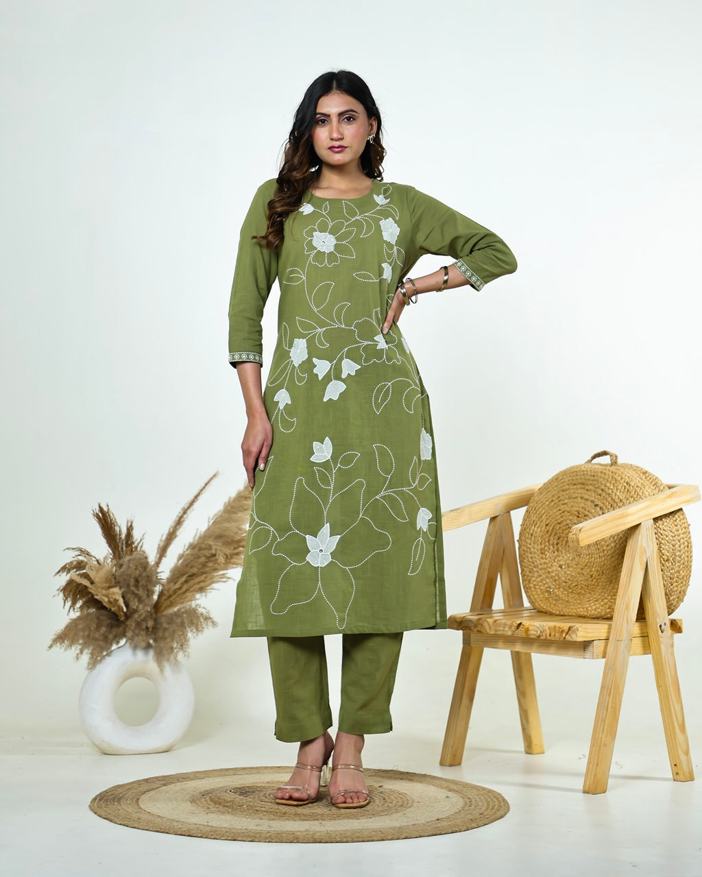 Ritika- Celadon Green Slub Cotton Suit Set with White Resham Floral Jaal Embroidery & Tasselled Dupatta