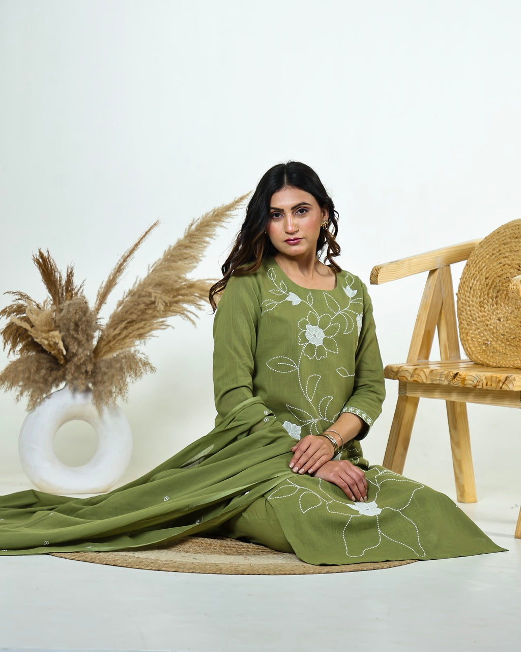 Ritika- Celadon Green Slub Cotton Suit Set with White Resham Floral Jaal Embroidery & Tasselled Dupatta