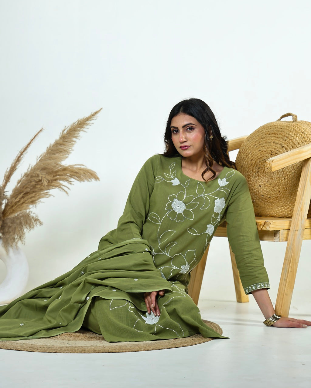 Ritika- Celadon Green Slub Cotton Suit Set with White Resham Floral Jaal Embroidery & Tasselled Dupatta