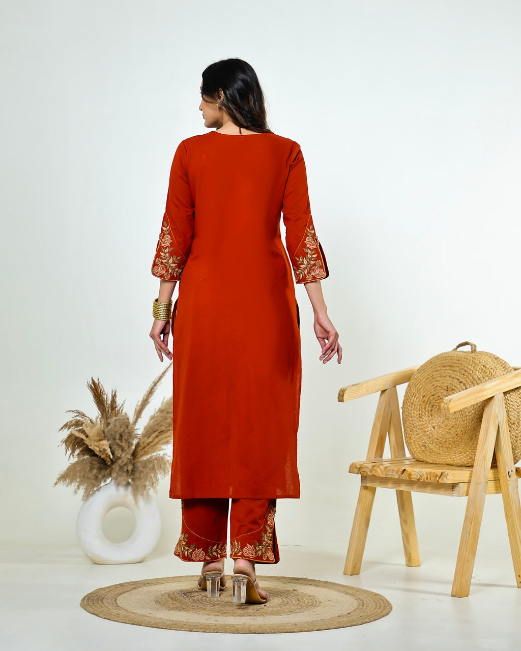 Ziva- Rust Monochrome Cotton Suit Set with Embroidery | 3-Piece Straight Kurta Set