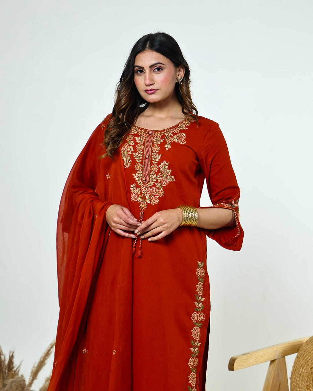Ziva- Rust Monochrome Cotton Suit Set with Embroidery | 3-Piece Straight Kurta Set