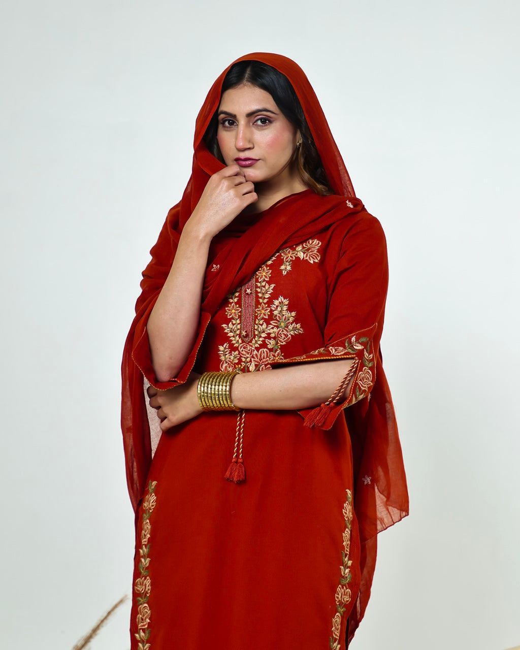 Ziva- Rust Monochrome Cotton Suit Set with Embroidery | 3-Piece Straight Kurta Set