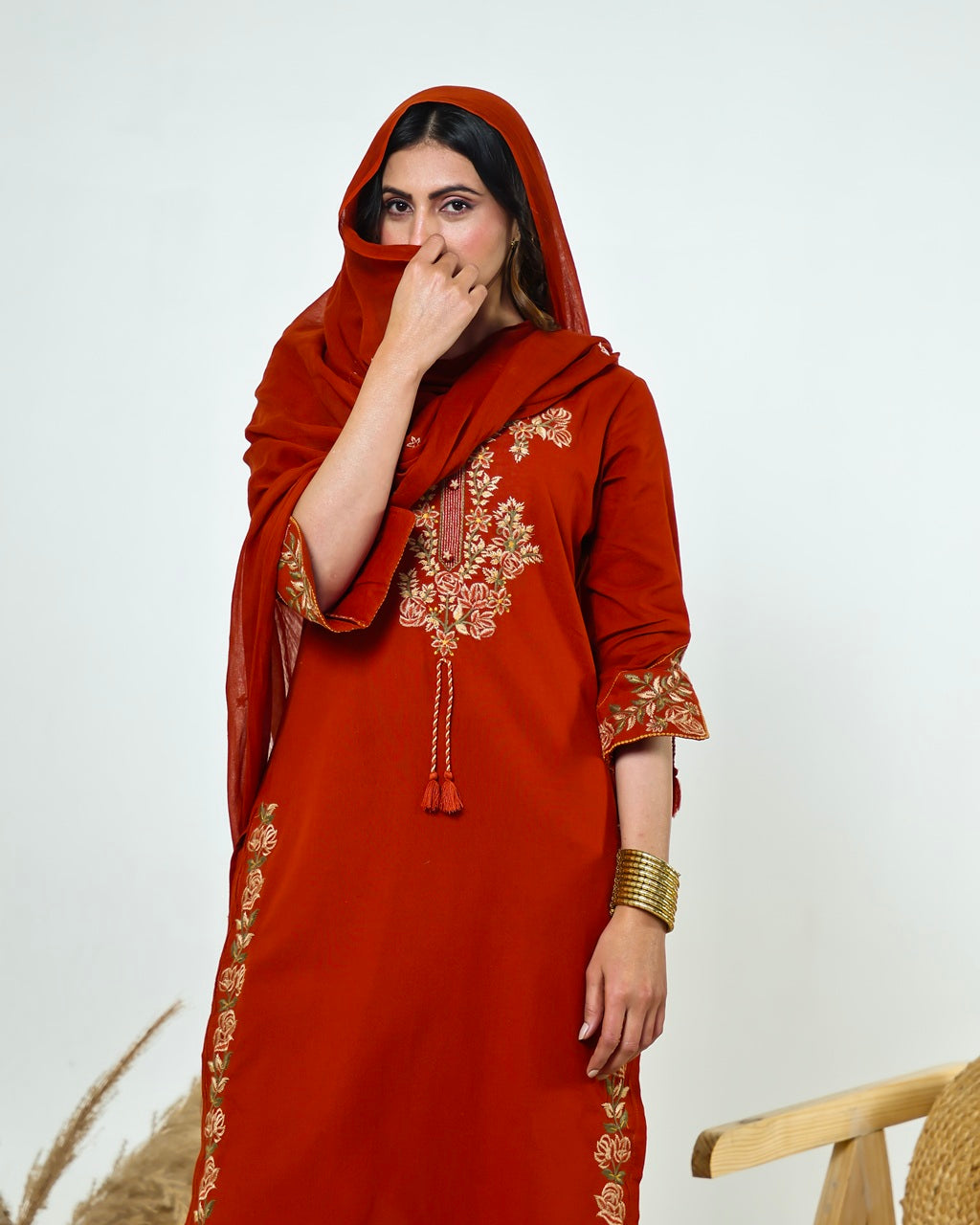 Ziva- Rust Monochrome Cotton Suit Set with Embroidery | 3-Piece Straight Kurta Set