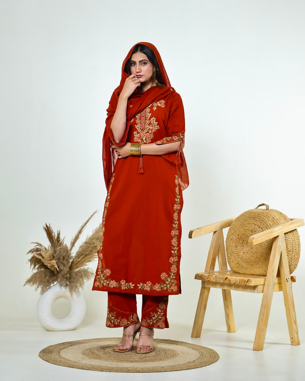 Ziva- Rust Monochrome Cotton Suit Set with Embroidery | 3-Piece Straight Kurta Set