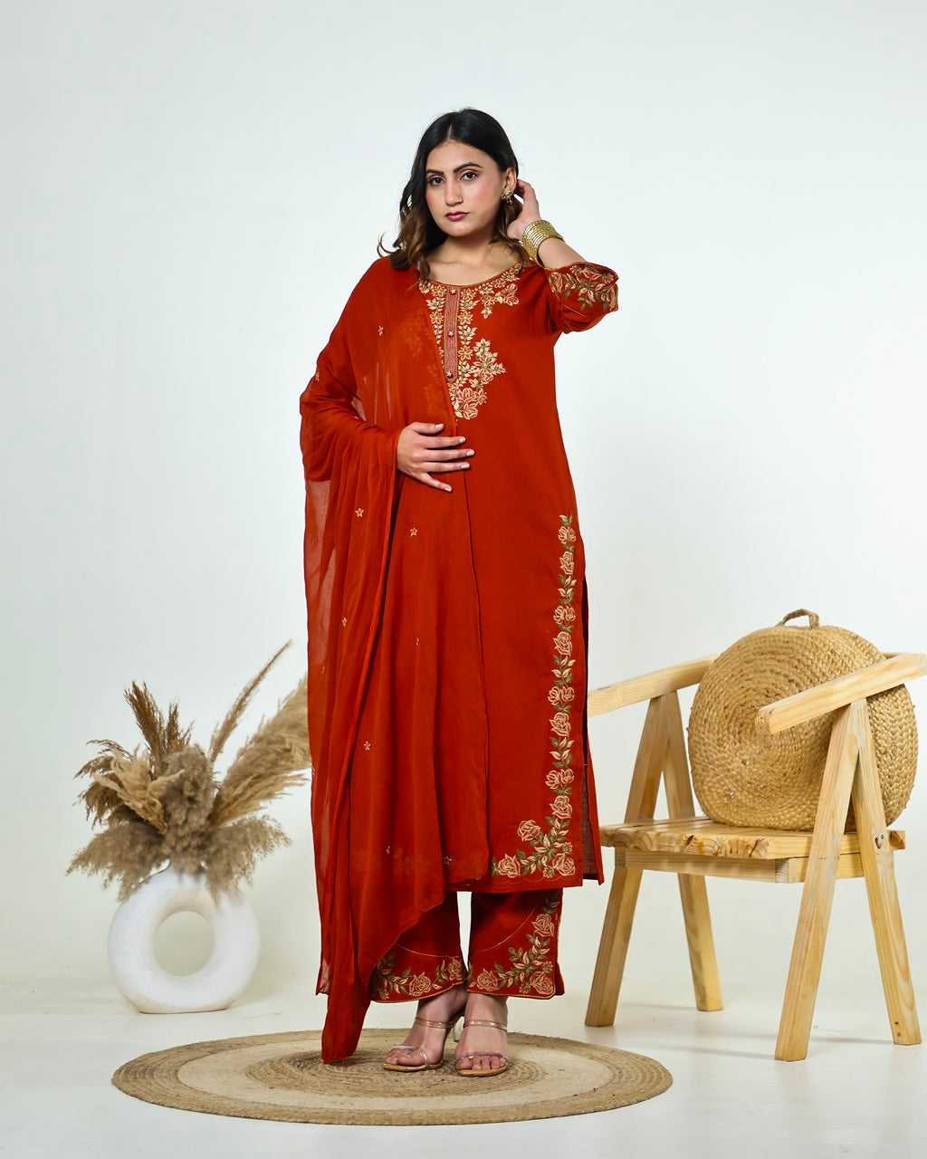 Ziva- Rust Monochrome Cotton Suit Set with Embroidery | 3-Piece Straight Kurta Set