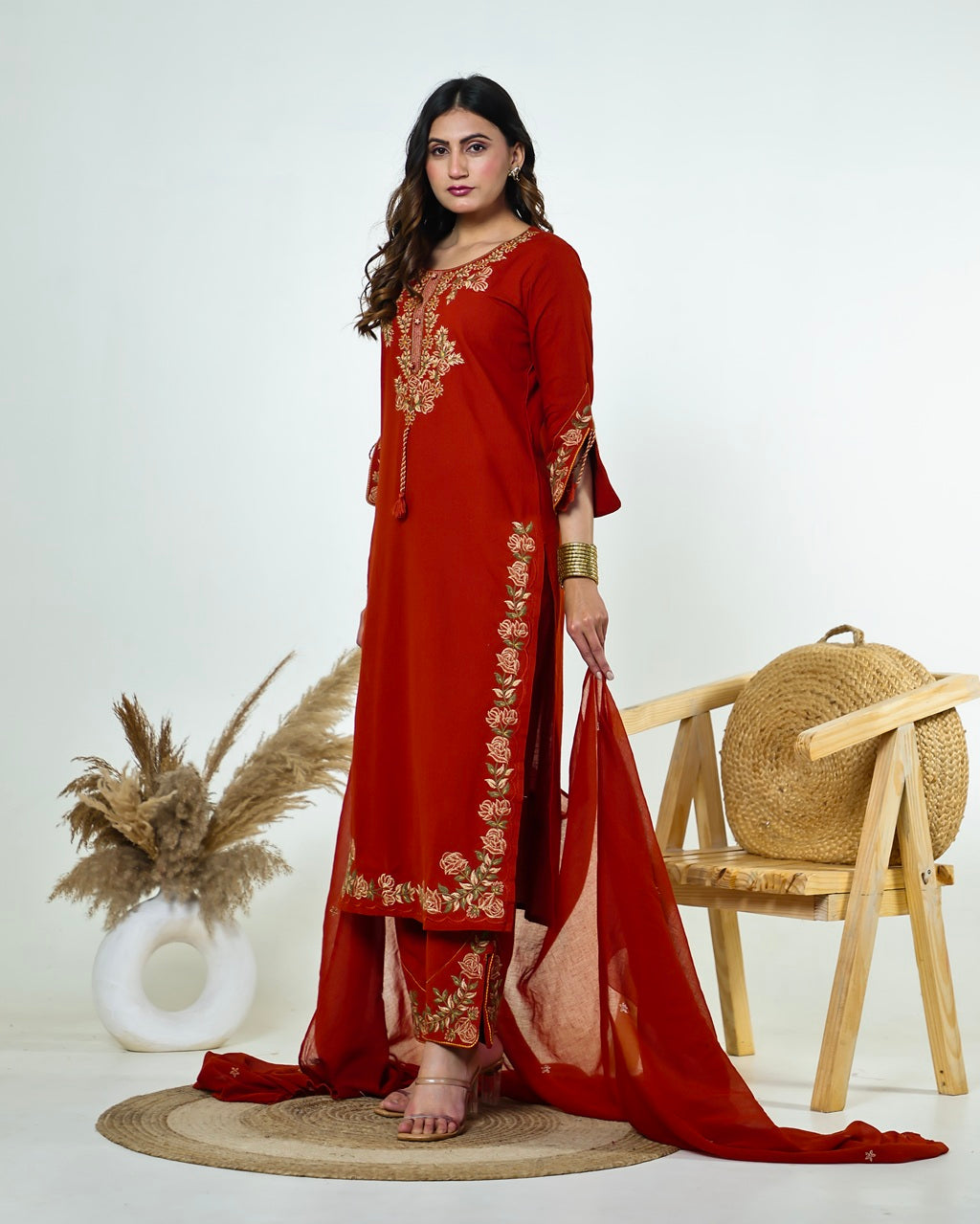 Ziva- Rust Monochrome Cotton Suit Set with Embroidery | 3-Piece Straight Kurta Set