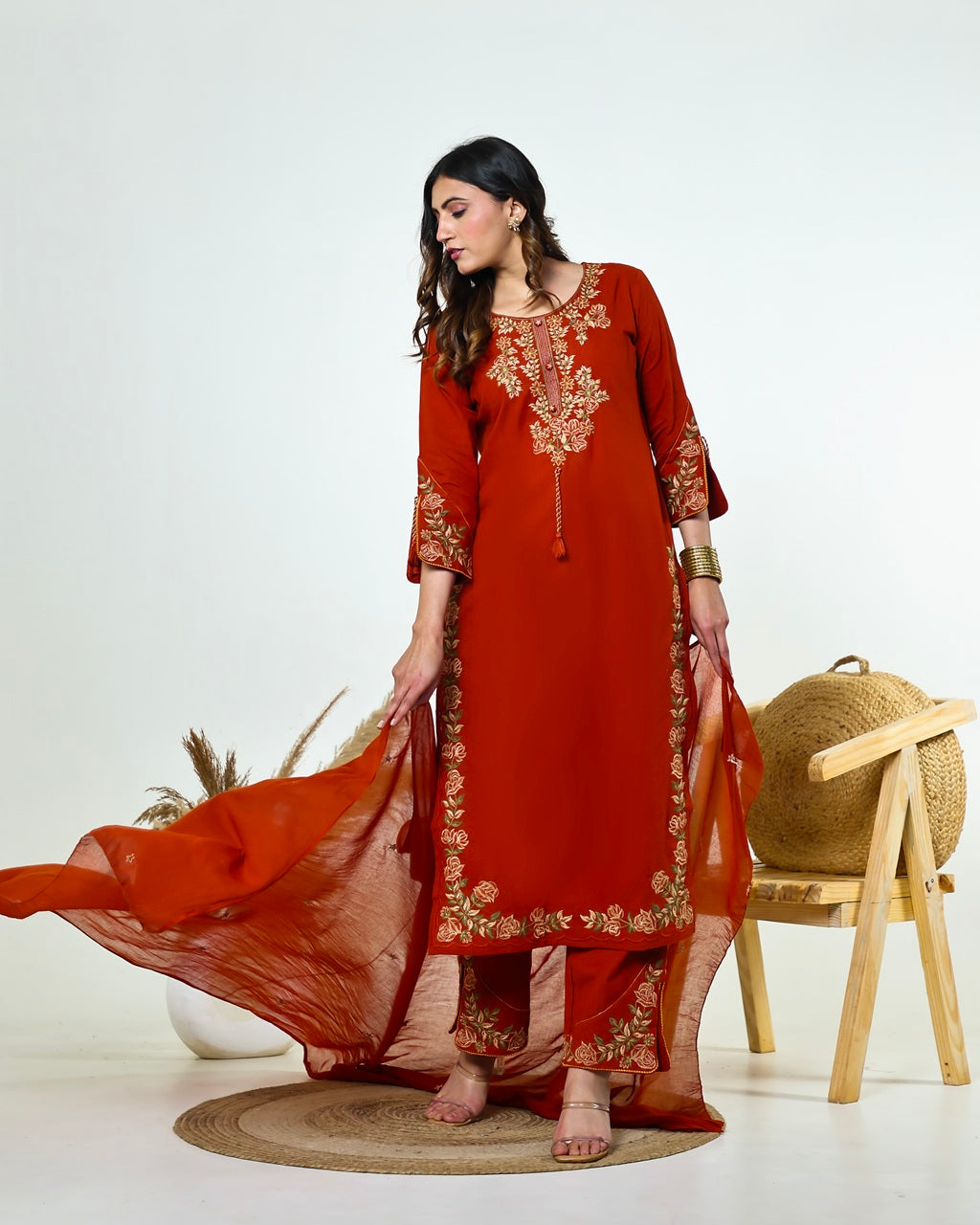 Ziva- Rust Monochrome Cotton Suit Set with Embroidery | 3-Piece Straight Kurta Set