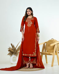 Ziva- Rust Monochrome Cotton Suit Set with Embroidery | 3-Piece Straight Kurta Set