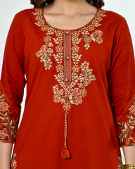Ziva- Rust Monochrome Cotton Suit Set with Embroidery | 3-Piece Straight Kurta Set