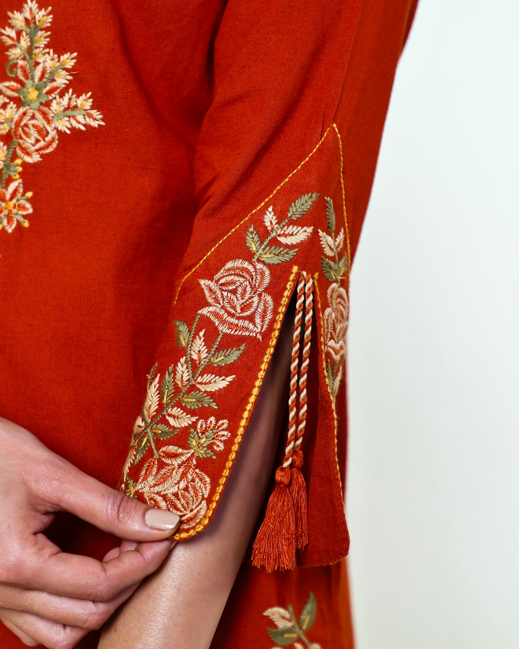 Ziva- Rust Monochrome Cotton Suit Set with Embroidery | 3-Piece Straight Kurta Set