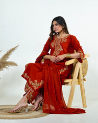 Ziva- Rust Monochrome Cotton Suit Set with Embroidery | 3-Piece Straight Kurta Set