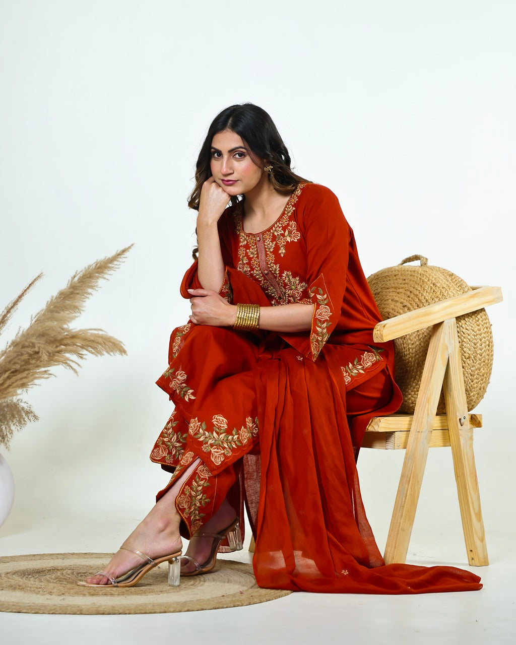 Ziva- Rust Monochrome Cotton Suit Set with Embroidery | 3-Piece Straight Kurta Set