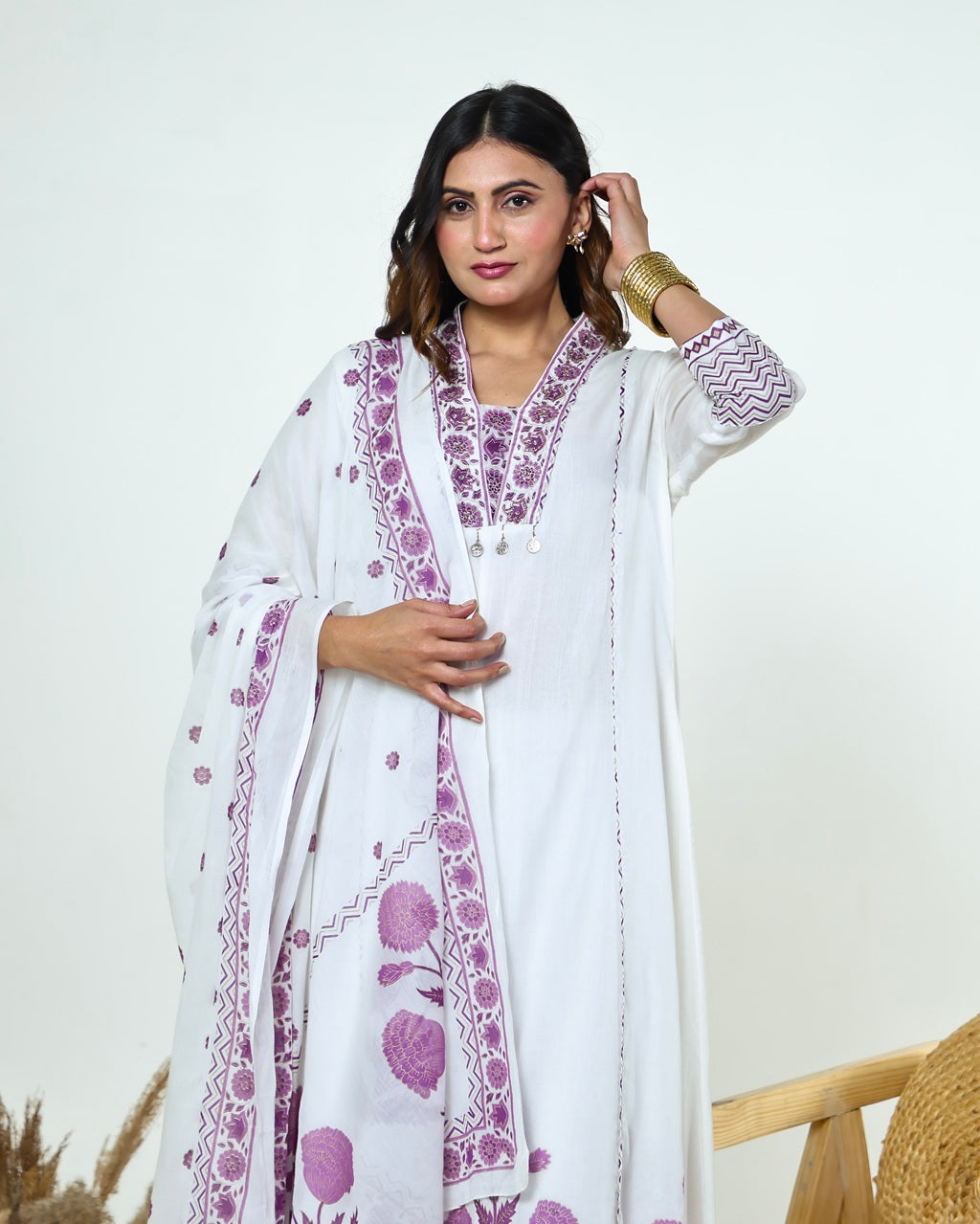 White & Lavender 3-Piece Mul Cotton Suit Set with Printed Kurta, Plazo & Dupatta – Ethnic Festive Wear