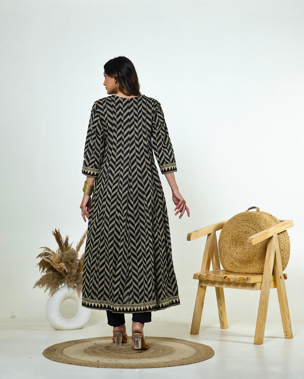 Black & Ivory Zig-Zag Printed Kalidaar Cotton Suit Set with Resham & Gamthi Dupatta