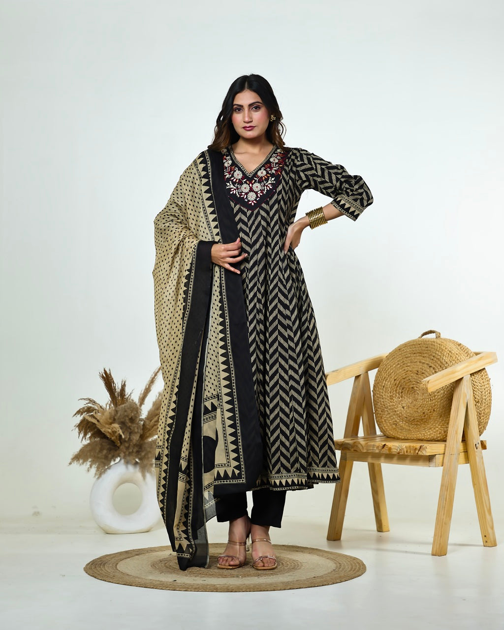 Black & Ivory Zig-Zag Printed Kalidaar Cotton Suit Set with Resham & Gamthi Dupatta