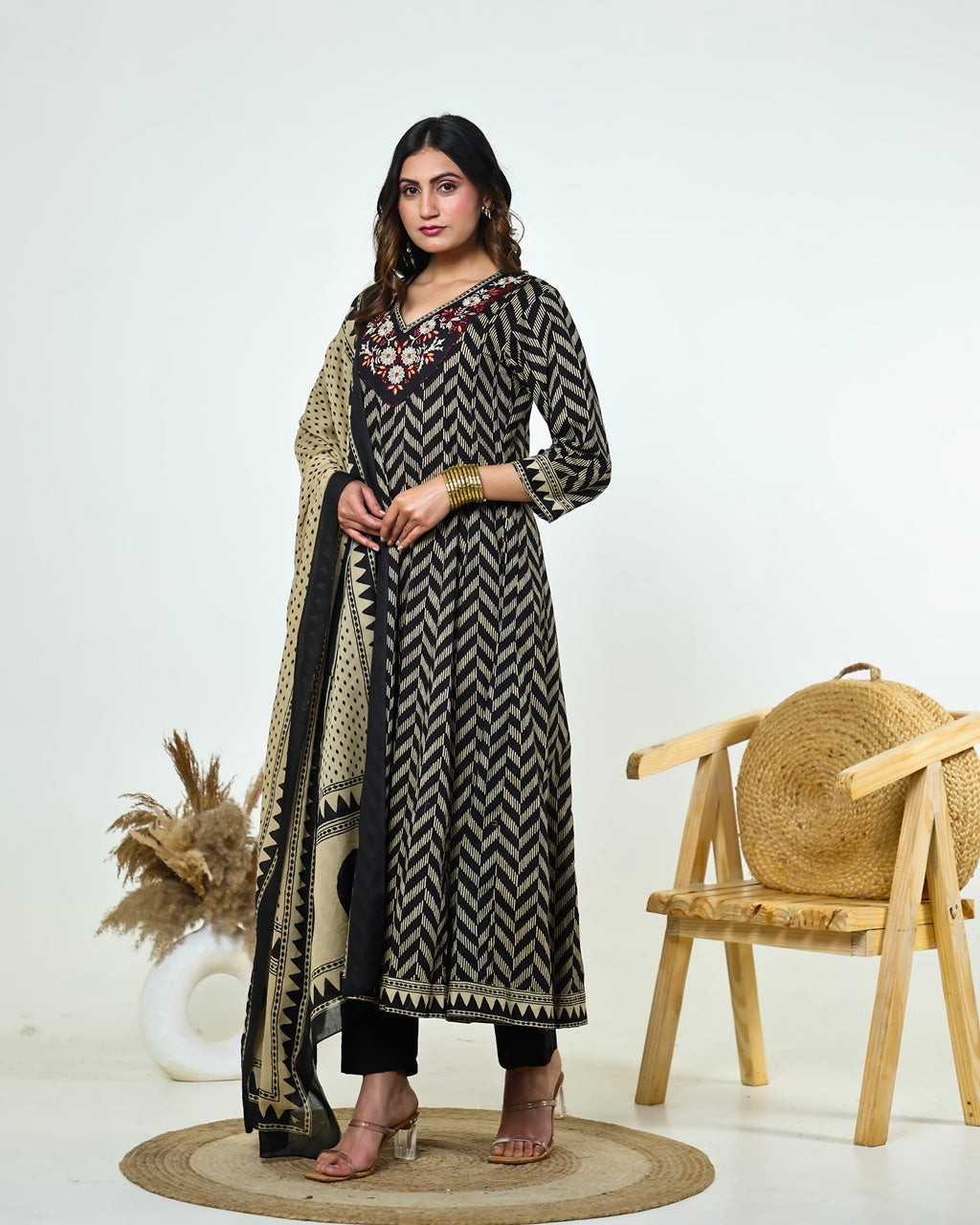 Black & Ivory Zig-Zag Printed Kalidaar Cotton Suit Set with Resham & Gamthi Dupatta