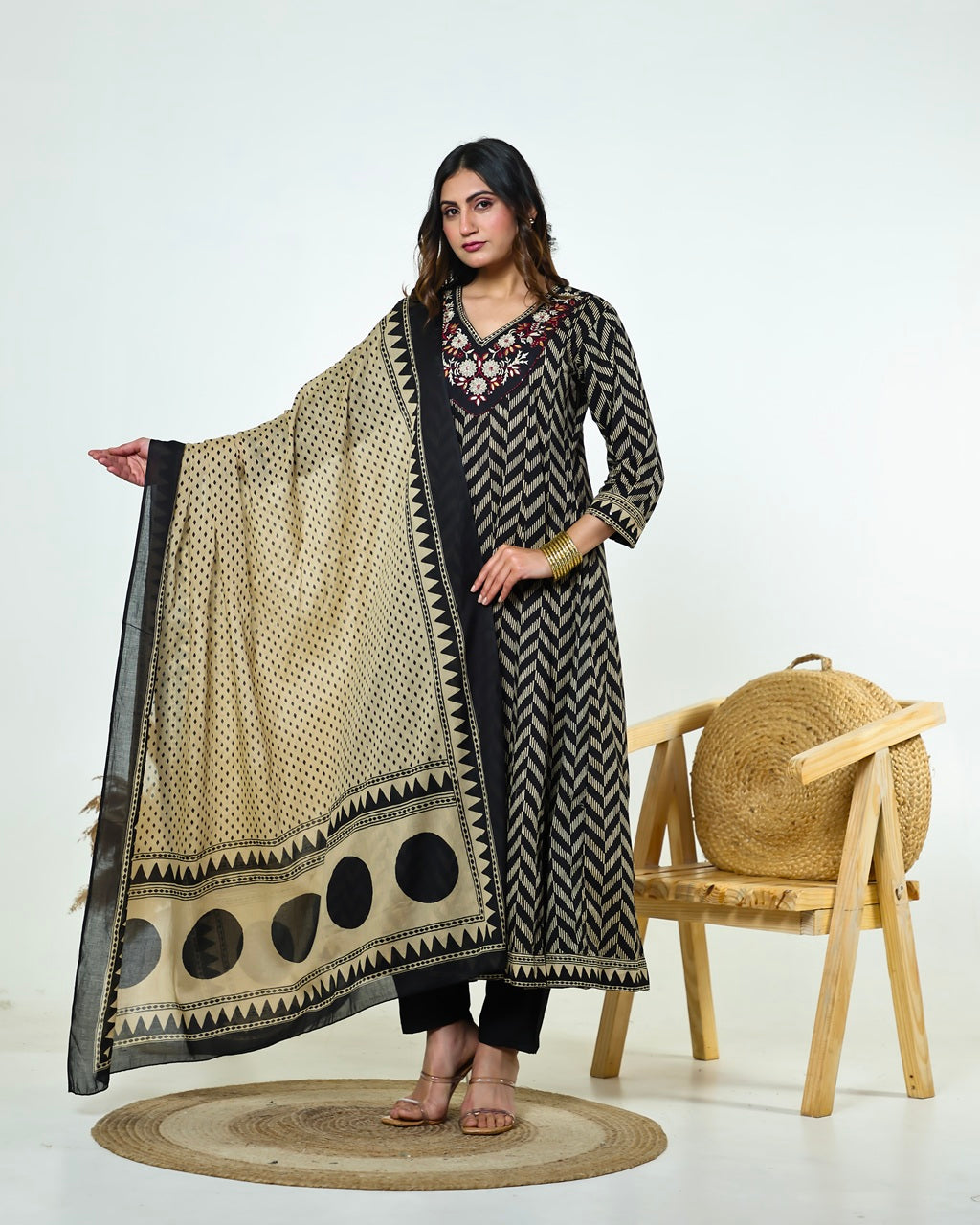 Black & Ivory Zig-Zag Printed Kalidaar Cotton Suit Set with Resham & Gamthi Dupatta