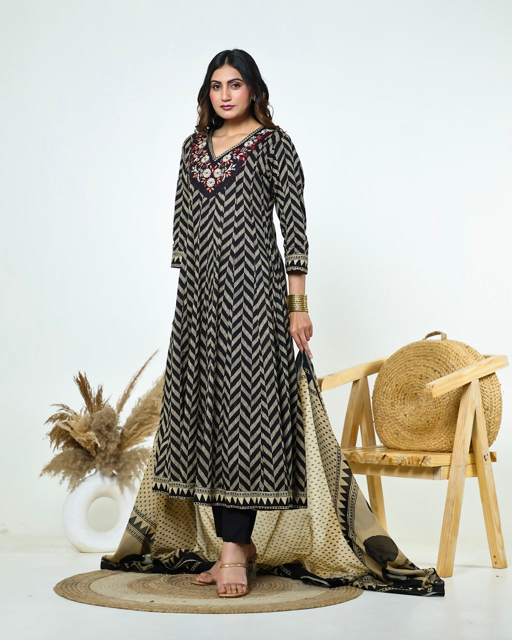 Black & Ivory Zig-Zag Printed Kalidaar Cotton Suit Set with Resham & Gamthi Dupatta