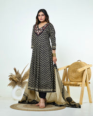 Black & Ivory Zig-Zag Printed Kalidaar Cotton Suit Set with Resham & Gamthi Dupatta