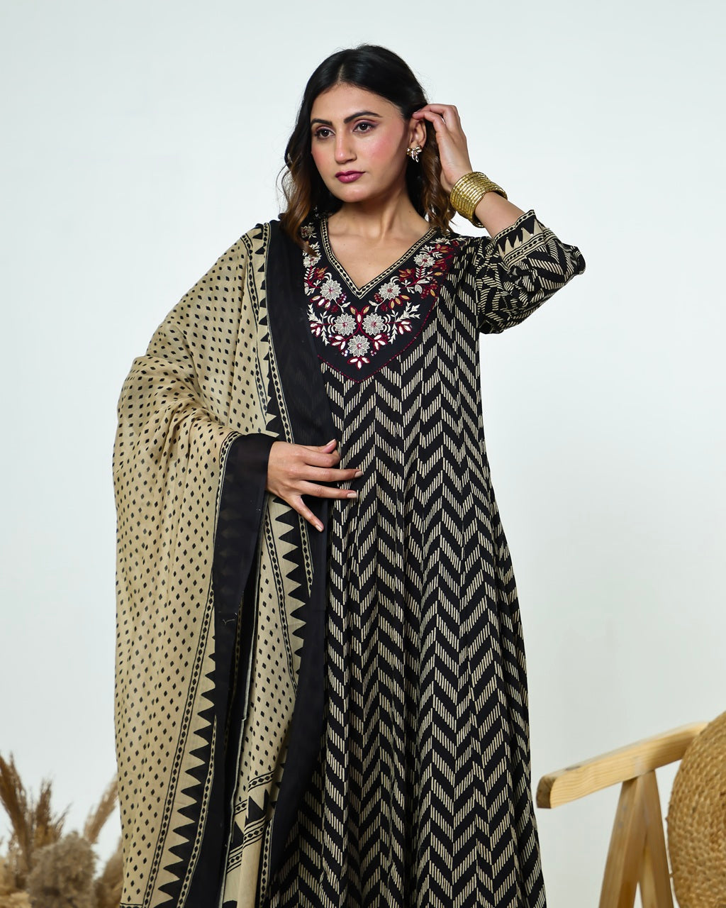 Black & Ivory Zig-Zag Printed Kalidaar Cotton Suit Set with Resham & Gamthi Dupatta
