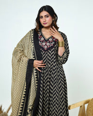 Black & Ivory Zig-Zag Printed Kalidaar Cotton Suit Set with Resham & Gamthi Dupatta