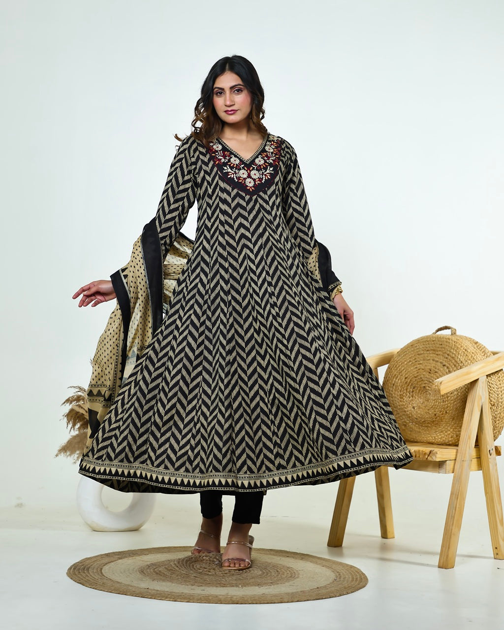 Black & Ivory Zig-Zag Printed Kalidaar Cotton Suit Set with Resham & Gamthi Dupatta