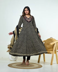 Black & Ivory Zig-Zag Printed Kalidaar Cotton Suit Set with Resham & Gamthi Dupatta