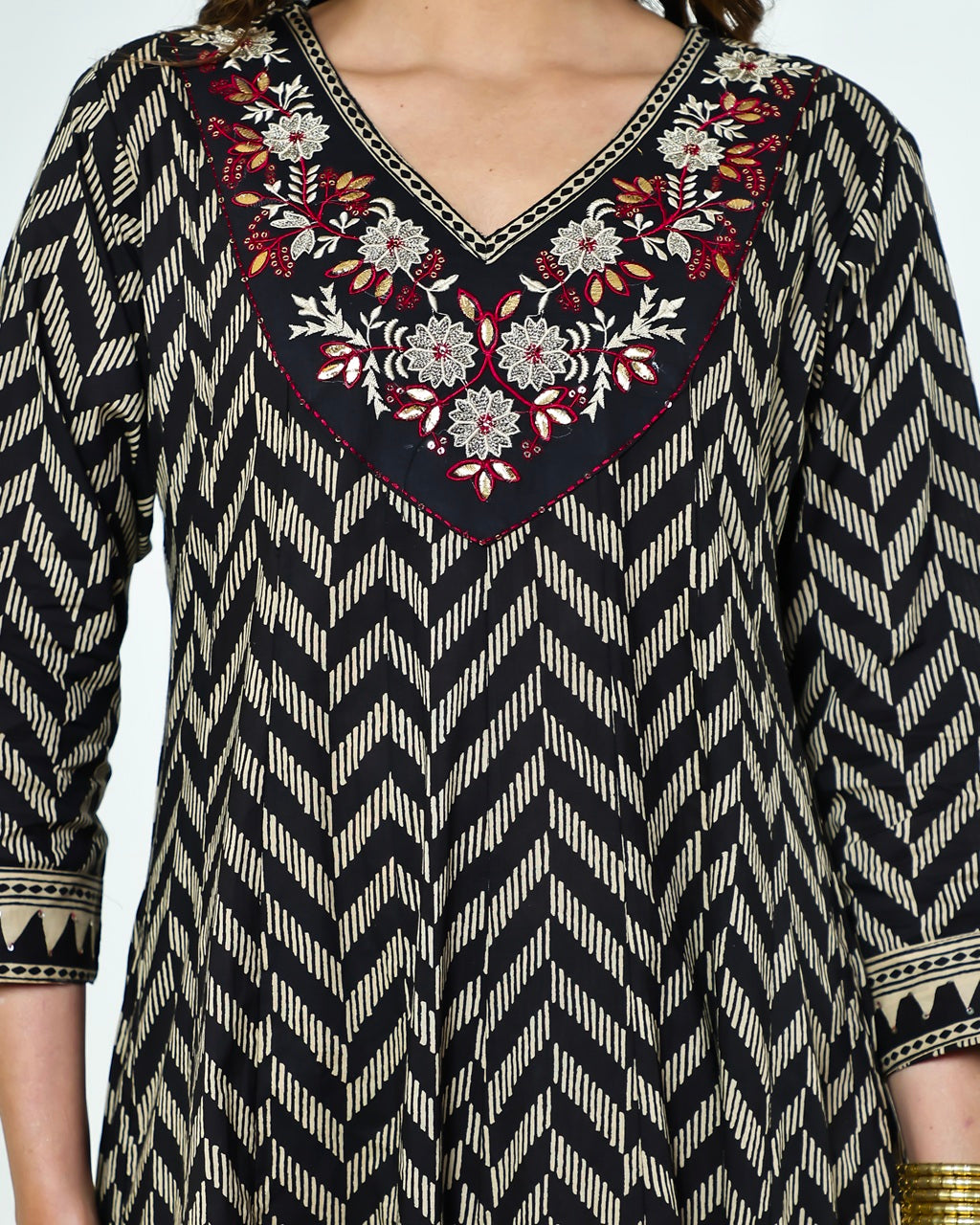 Black & Ivory Zig-Zag Printed Kalidaar Cotton Suit Set with Resham & Gamthi Dupatta
