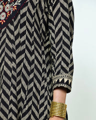 Black & Ivory Zig-Zag Printed Kalidaar Cotton Suit Set with Resham & Gamthi Dupatta