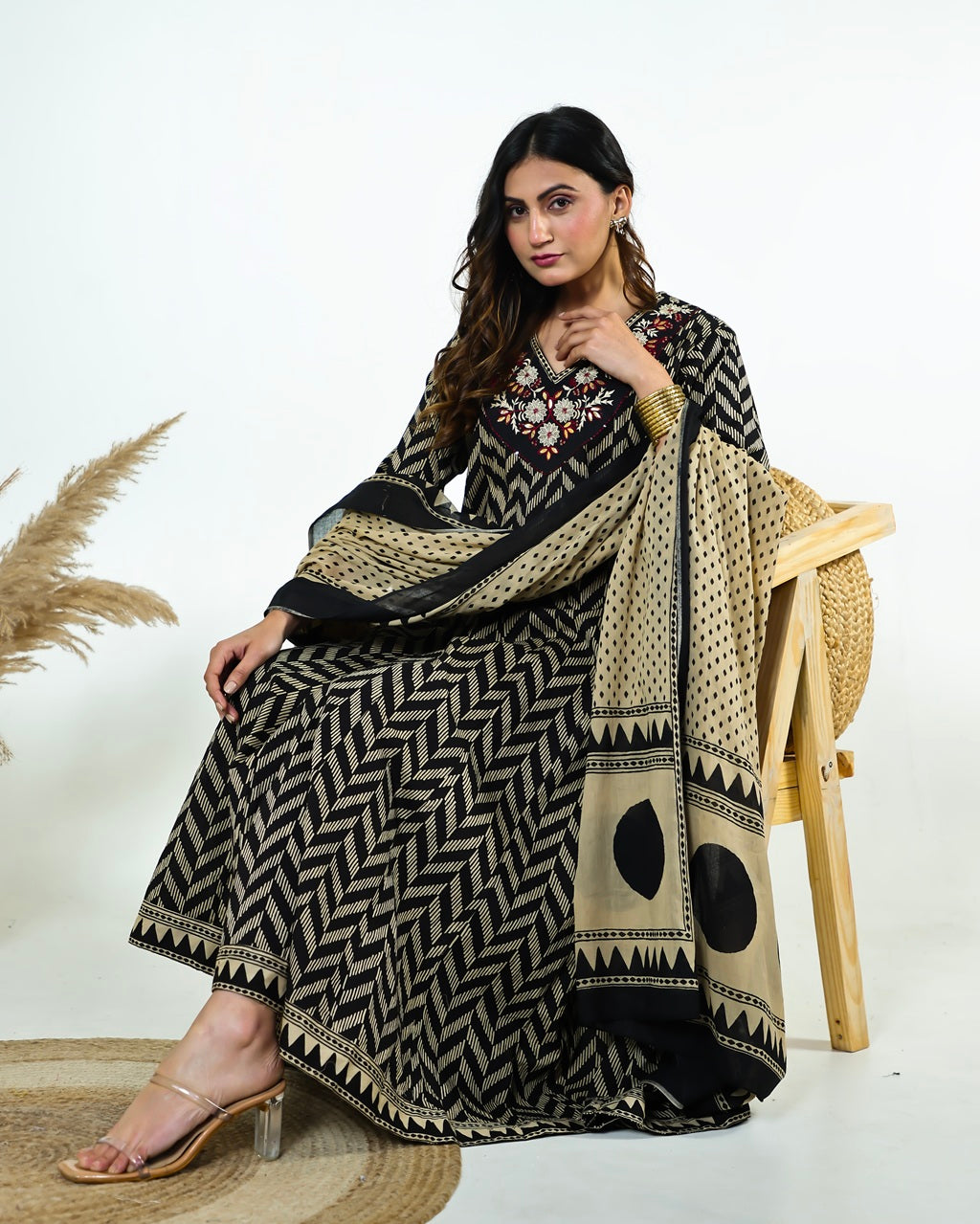 Black & Ivory Zig-Zag Printed Kalidaar Cotton Suit Set with Resham & Gamthi Dupatta