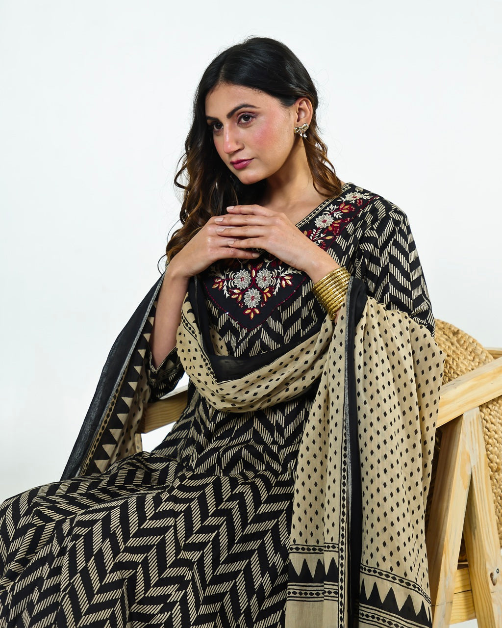 Black & Ivory Zig-Zag Printed Kalidaar Cotton Suit Set with Resham & Gamthi Dupatta