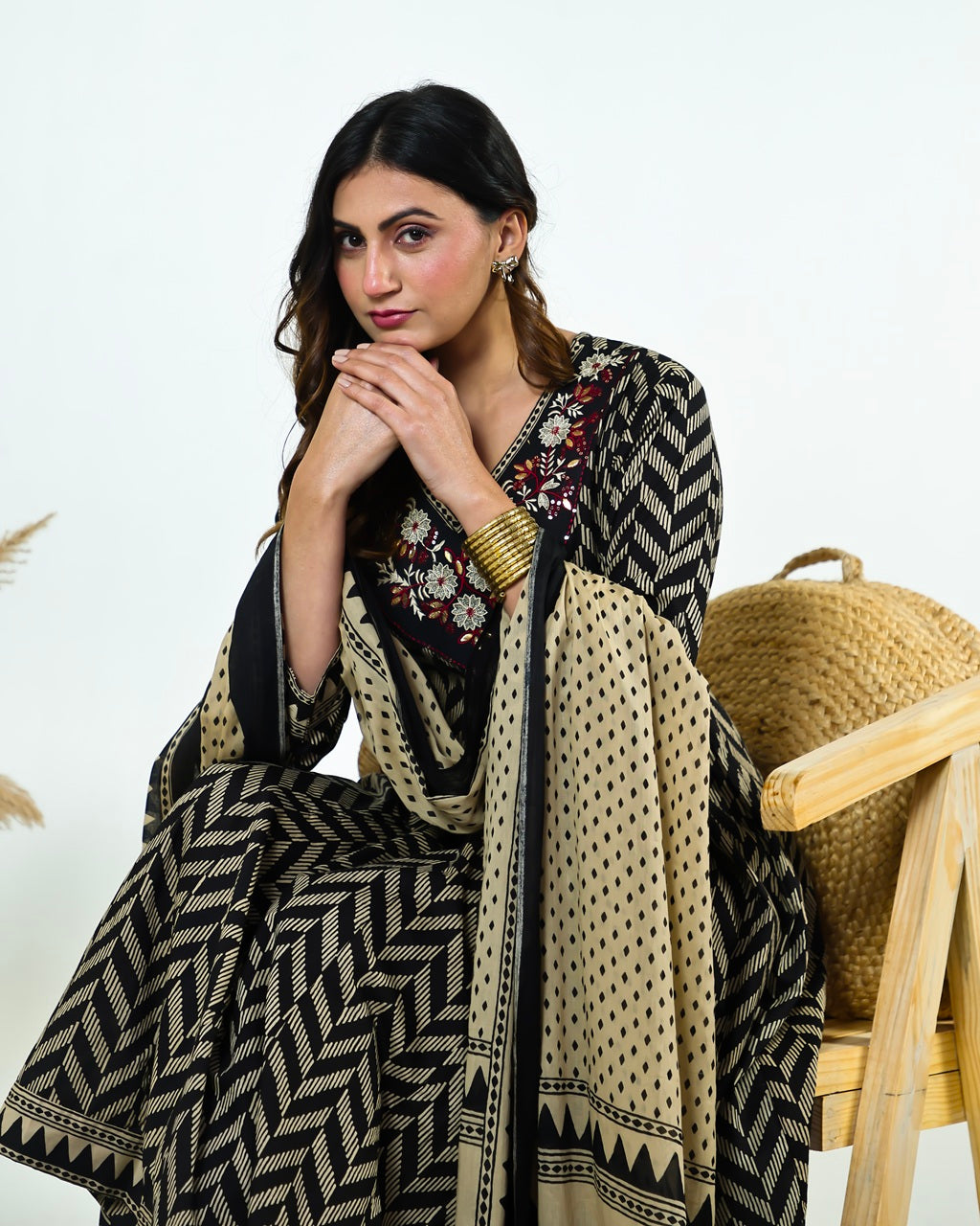 Black & Ivory Zig-Zag Printed Kalidaar Cotton Suit Set with Resham & Gamthi Dupatta