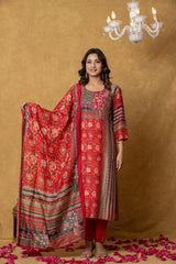 Alaya-Elegant Red Silk Printed Kurta Pant Dupatta Set for Party Wear