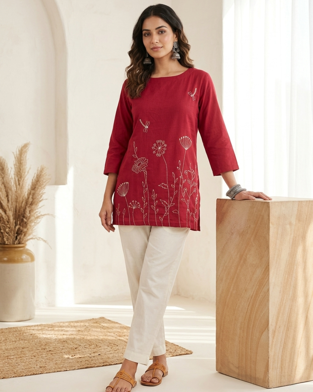 Diya- Ruby Rose Cotton Short Kurti with Botanical Embroidery