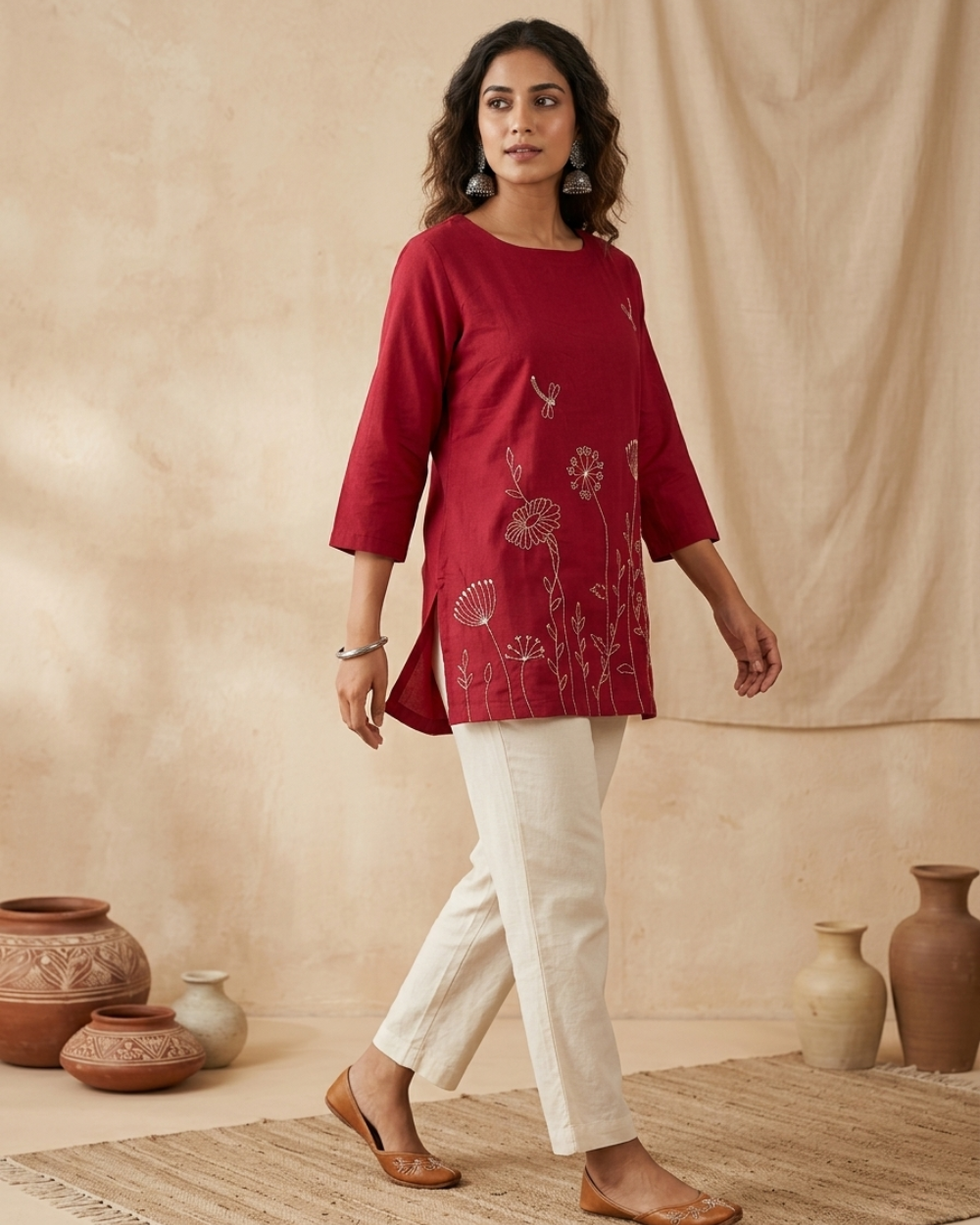 Diya- Ruby Rose Cotton Short Kurti with Botanical Embroidery