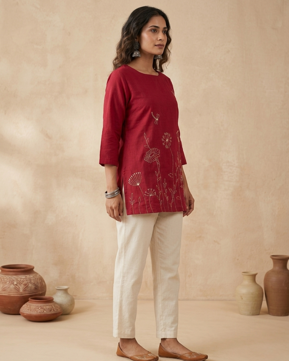 Diya- Ruby Rose Cotton Short Kurti with Botanical Embroidery