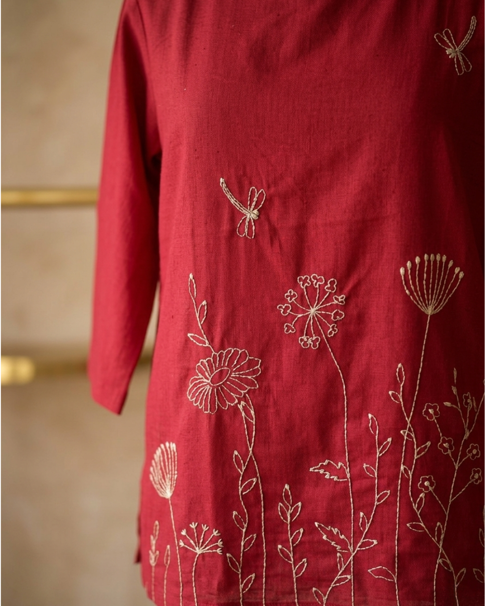 Diya- Ruby Rose Cotton Short Kurti with Botanical Embroidery