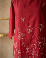 Diya- Ruby Rose Cotton Short Kurti with Botanical Embroidery