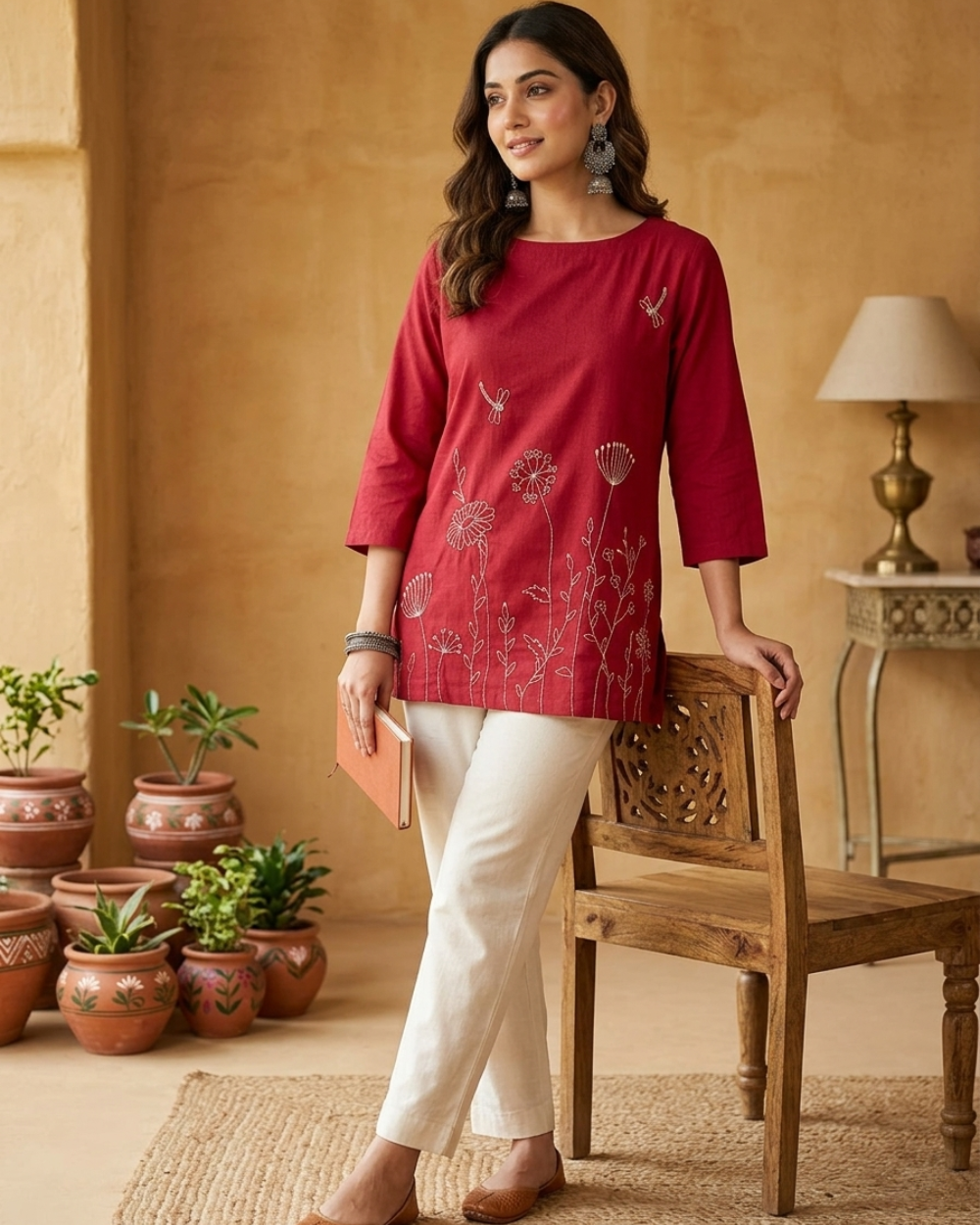 Diya- Ruby Rose Cotton Short Kurti with Botanical Embroidery