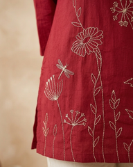 Diya- Ruby Rose Cotton Short Kurti with Botanical Embroidery