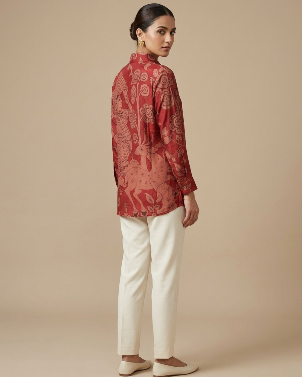 Nysa- Rust Red Silk Printed Shirt with Contrast Back Print