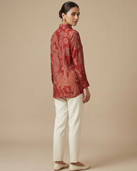 Nysa- Rust Red Silk Printed Shirt with Contrast Back Print