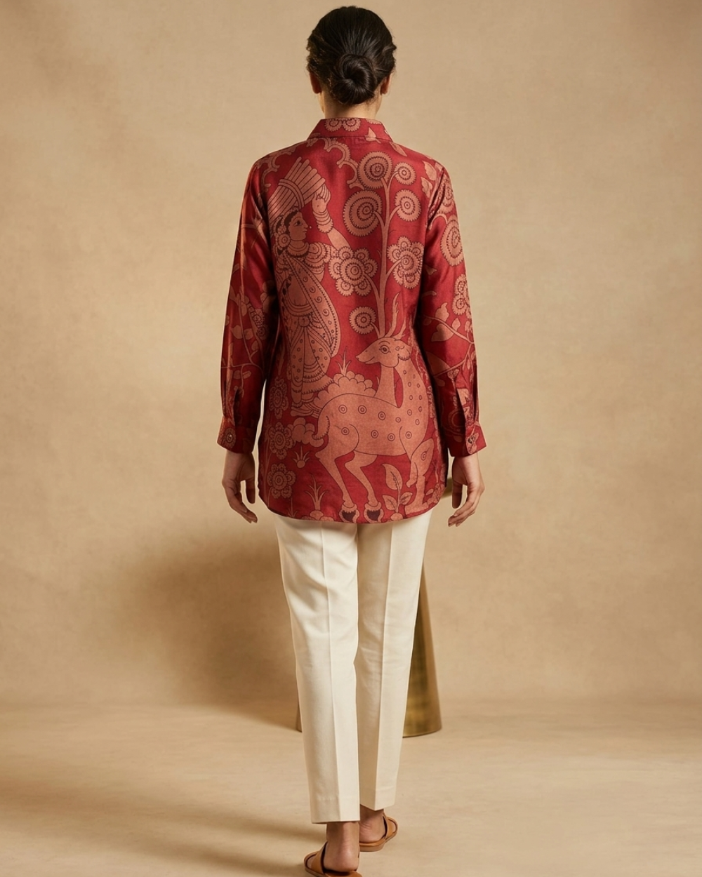 Nysa- Rust Red Silk Printed Shirt with Contrast Back Print